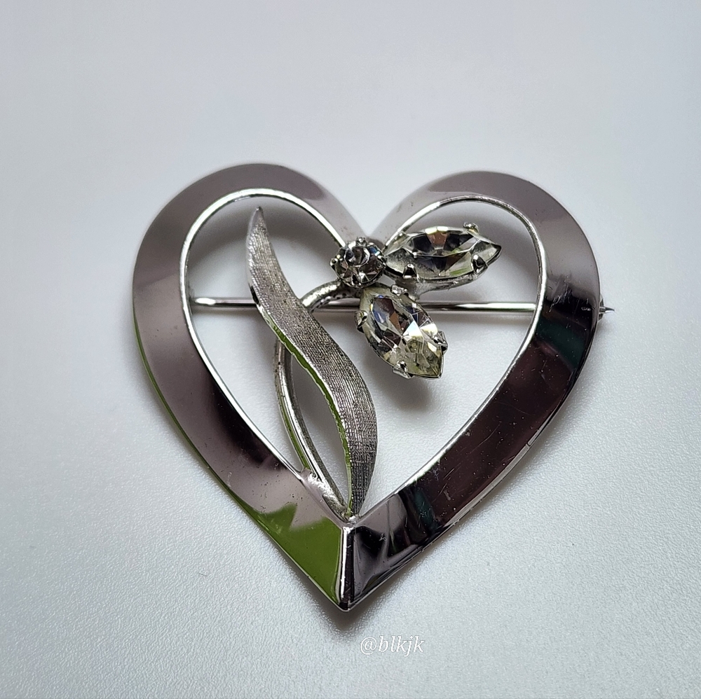 Vintage Van Dell Sterling Heart Brooch With Rhinestones EUC